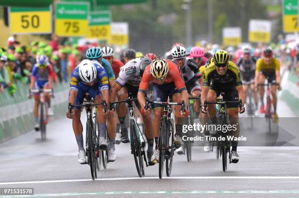 Sprint / Arrival / Sonny Colbrelli of Italy and Bahrain Merida Pro Team / Celebration / Fernando Gaviria of Colombia and Team Quick-Step Floors /...