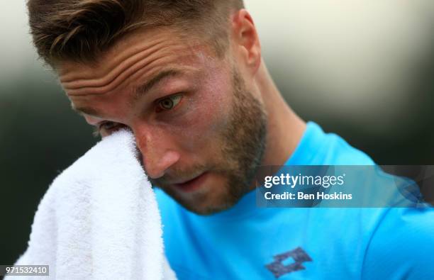 Liam Brody of Great Britain looks dejected after losing his first round match against Alexander Ward of Great Britain on Day Three of the Nature...