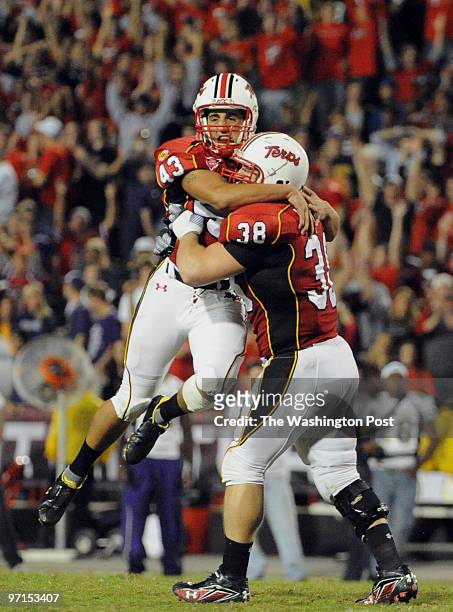 Maryland's football home opener vs. James Madison. In front of a crowd of 46 Maryland's Nick Ferrara celebrates making the winning, overtime kick...