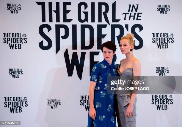 British actress Claire Foy and Dutch actress Sylvia Hoeks pose during the photocall for the film "The Girl in the Spider's Web" on June 11, 2018 in...