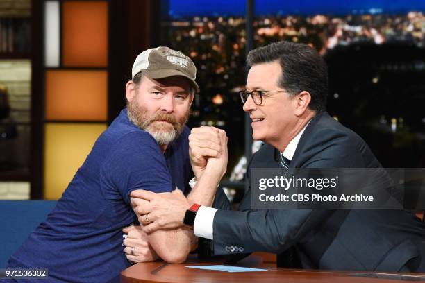 The Late Show with Stephen Colbert and guest David Koechner during Friday's June 8, 2018 show.