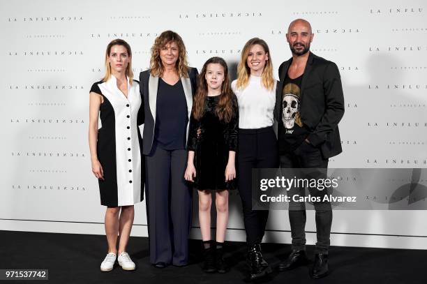 Actresses Maggie Civantos, Emma Suarez, Claudia Placer, Manuela Velles and actor Alain Hernandez attend 'La Influencia' photocall on June 11, 2018 in...