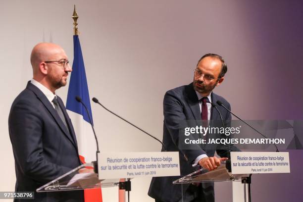 French Prime Minister Edouard Philippe and Belgian Prime minister Charles Michel give a joint press conference after their meeting on June 11, 2018...