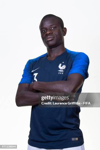 Golo Kante of France poses for a portrait during the official FIFA World Cup 2018 portrait session at the Team Hotel on June 11, 2018 in Moscow,...