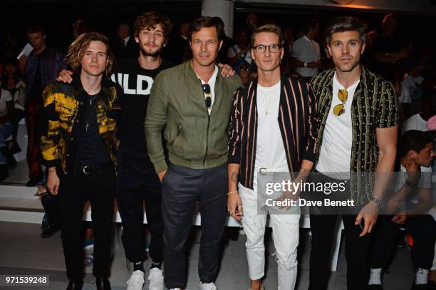 Dougie Poynter, Cody Saintgnue, Paul Sculfor, Oliver Proudlock and Darren Kennedy attend the What We Wear show during London Fashion Week Men's June...