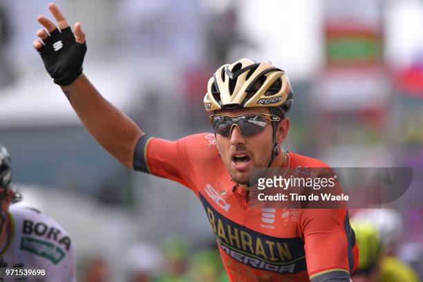 Arrival / Sonny Colbrelli of Italy and Bahrain Merida Pro Team / Celebration / during the 82nd Tour of Switzerland 2018, Stage 3 a 182,8km stage from...