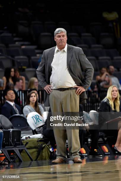 Head coach Bill Laimbeer of the Las Vegas Aces looks on during the game against the Atlanta Dream on June 8, 2018 at the Mandalay Bay Events Center...