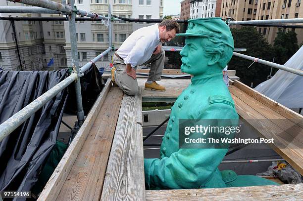 August 2009 CREDIT: Katherine Frey / TWP. Washington, DC. Gen. McClellan statue on Connecticut Ave. At the split with Columbia Ave. Is being...