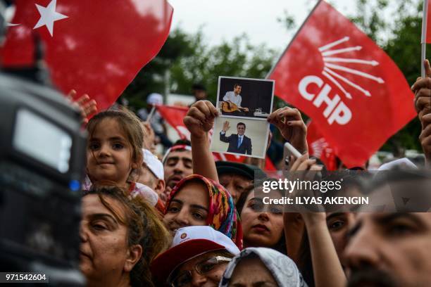 People hold pictures of Selahattin Demirtas, pro-Kurdish People's Democratic Party former and current presidential candidate as presidential...