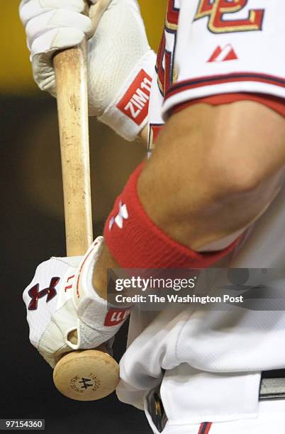 August 2009 CREDIT: Toni L. Sandys / TWP Washington, DC Nationals third baseman Ryan Zimmerman uses a bat of Adam Dunn's during the game at Nationals...