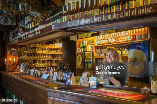 Female bartender behind bar counter in tavern Kroegske, Belgian cafe-restaurant in the village Emelgem, Izegem, West Flanders, Belgium.