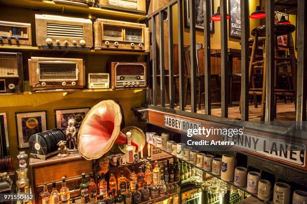 Vintage radios in the Flemish cafe Rock Circus in the city Ghent, East Flanders, Belgium.