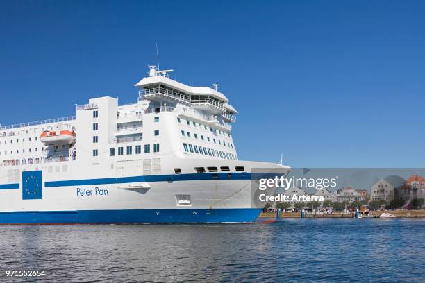 Ferry boat M/S Peter Pan of the TT-Line shipping company at Travemunde in the Hanseatic City of Lubeck, Schleswig-Holstein, Germany.