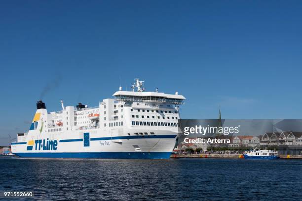 Ferry boat M/S Peter Pan of the TT-Line shipping company at Travemunde in the Hanseatic City of Lubeck, Schleswig-Holstein, Germany.