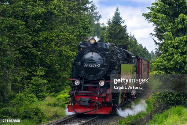 Steam train riding the Brocken Narrow Gauge railway line at the Harz National park, Saxony-Anhalt, Germany.