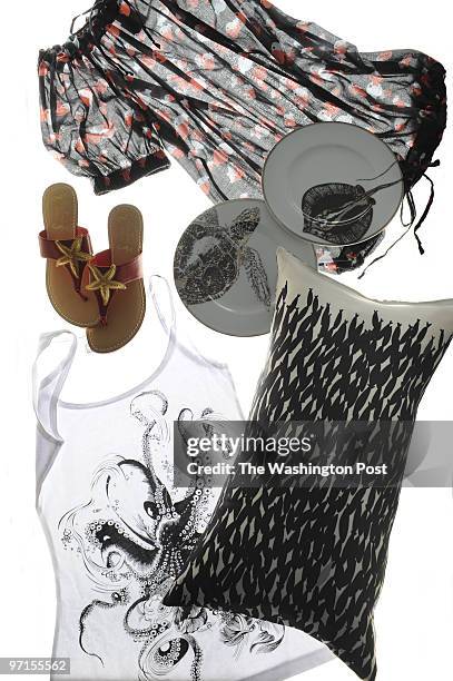 Washington Post Studio DATE: June 23, 2009 PHOTO: Julia Ewan/TWP Shopper - Sea Creatures. Clockwise from top: Marc by Marc Jacobs Kissing Fish tunic,...