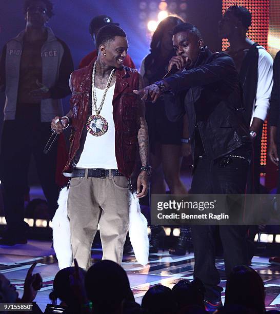 Soulja Boy and Roscoe Dash perform during BET's Rip The Runway 2010 at the Hammerstein Ballroom on February 27, 2010 in New York City.