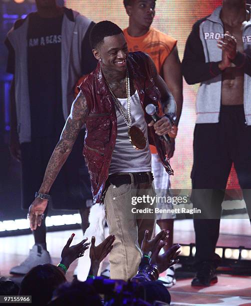 Soulja Boy performs during BET's Rip The Runway 2010 at the Hammerstein Ballroom on February 27, 2010 in New York City.