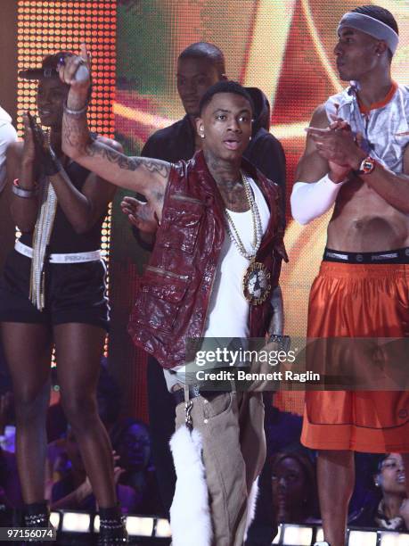 Soulja Boy performs during BET's Rip The Runway 2010 at the Hammerstein Ballroom on February 27, 2010 in New York City.