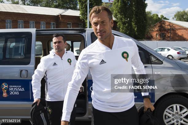 Morocco's head coach Herve Renard arrives for a training session of Morocco national football team in Voronezh on June 11 ahead of the Russia 2018...