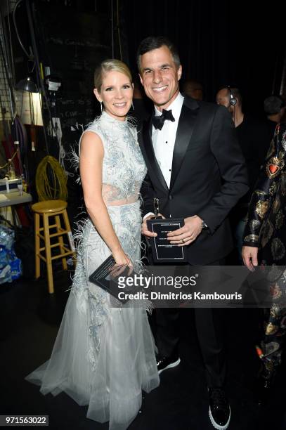 Kelli O'Hara and David Cromer pose backstage during the 72nd Annual Tony Awards at Radio City Music Hall on June 10, 2018 in New York City.