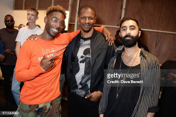 Tinie Tempah, Giggs and Amir Amor attend the What We Wear show during London Fashion Week Men's June 2018 at the BFC Show Space on June 11, 2018 in...