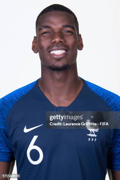 Paul Pogba of France poses for a portrait during the official FIFA World Cup 2018 portrait session at the Team Hotel on June 11, 2018 in Moscow,...