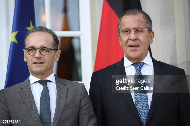 German Foreign Minister Heiko Maas and Russian Foreign Minister Sergey Lavrov arrive for a group photo with Ukrainian Foreign Minister Pavlo Klimkin...