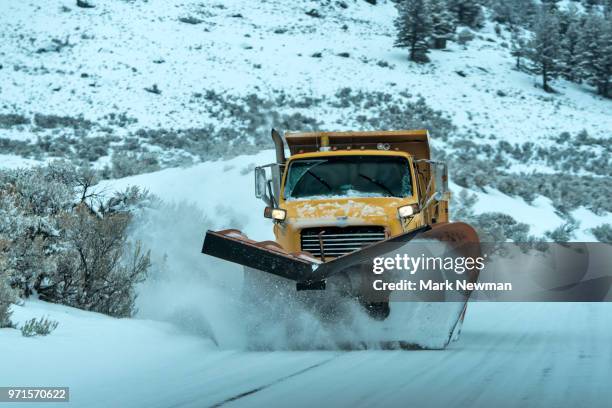 snowplow approaching on snowy road - snowplow 個照片及圖片檔