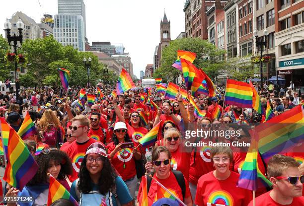 Participants from Target Stores march down Boylston Street during the annual Boston Pride Parade, which took place through the streets of the Back...