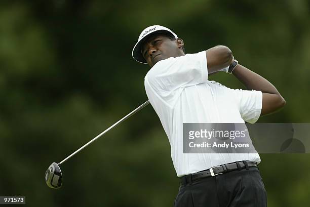 Vijay Singh of Fiji hits off the fifth tee during the third round of the Advil Western Open July 6, 2002 at Cog Hill Golf and Country Club in Lemont,...