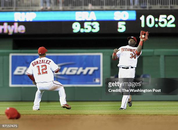 April 2009 CREDIT: Toni L. Sandys / TWP Washington, DC Nationals center fielder Elijah Dukes catches the hit by Braves' Kelly Johnson to hold the...