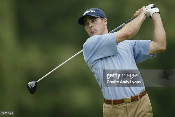 Jonathan Byrd hits off the fifth tee during the third round of the Advil Western Open July 6, 2002 at Cog Hill Golf and Country Club in Lemont,...