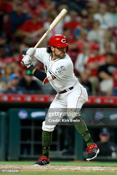 Alex Blandino of the Cincinnati Reds takes an at bat during the game against the Colorado Rockies at Great American Ball Park on June 6, 2018 in...