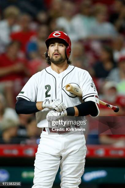 Alex Blandino of the Cincinnati Reds takes an at bat during the game against the Colorado Rockies at Great American Ball Park on June 6, 2018 in...