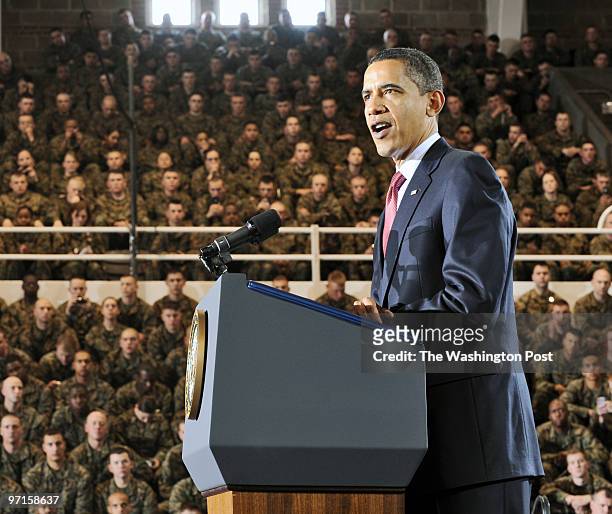 President Barack Obama makes remarks at Camp Lejeune, in North Carolina, thanking Marines and their families for their sacrifice and outlining his...
