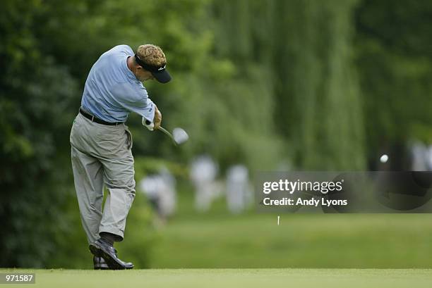 Luke Donald of England hits off the ninth tee during the third round of the Advil Western Open July 6, 2002 at Cog Hill Golf and Country Club in...