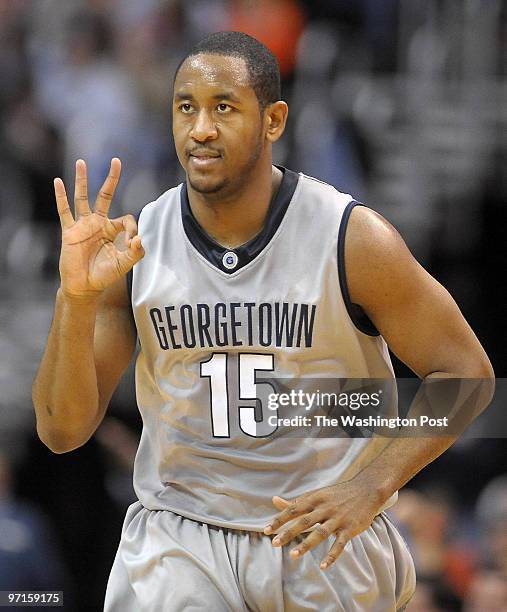 Washington, DC Georgetown vs. Syracuse men's basketball. Here, Hoyas' Austin Freeman holds up three fingers after hitting his third shot from behind...