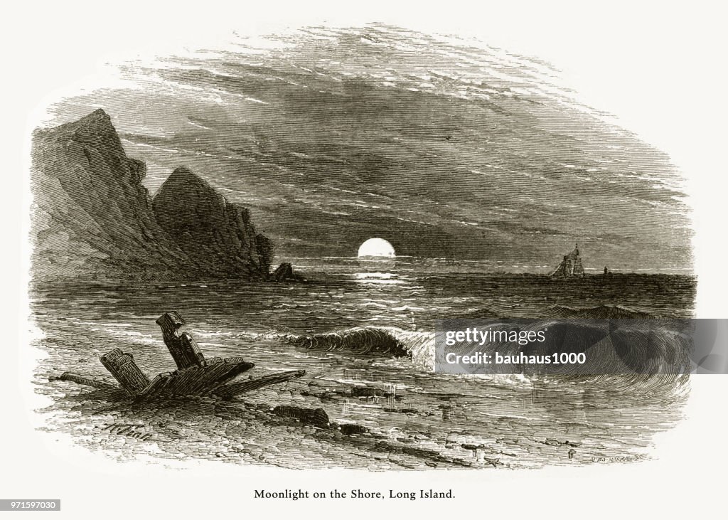 Moonlight on the Shore, East Hampton, Long Island, New York, United States, American Victorian Engraving, 1872