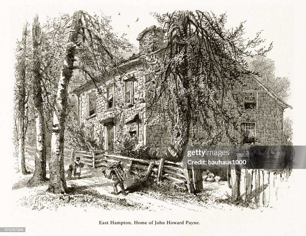 East Hampton, John Howard Payne Home, Long Island, New York, United States, American Victorian Engraving, 1872