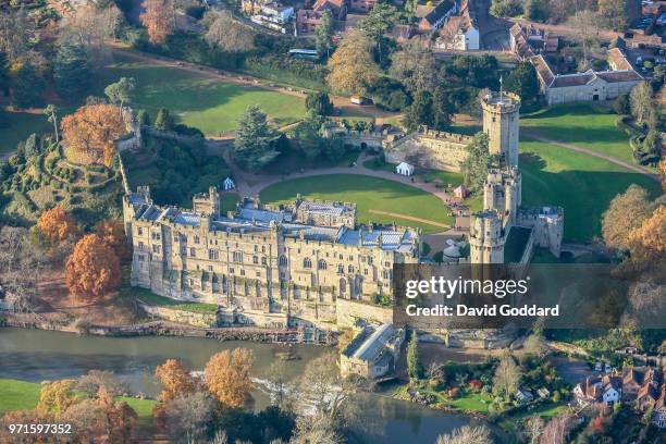 Aerial Photograph of Warwick Castle, this mediaeval fortification is located10 miles south-west of Coventry, on the southern side of Warwick town,...