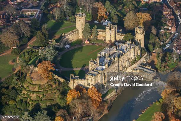 Aerial Photograph of Warwick Castle, this mediaeval fortification is located10 miles south-west of Coventry, on the southern side of Warwick town,...