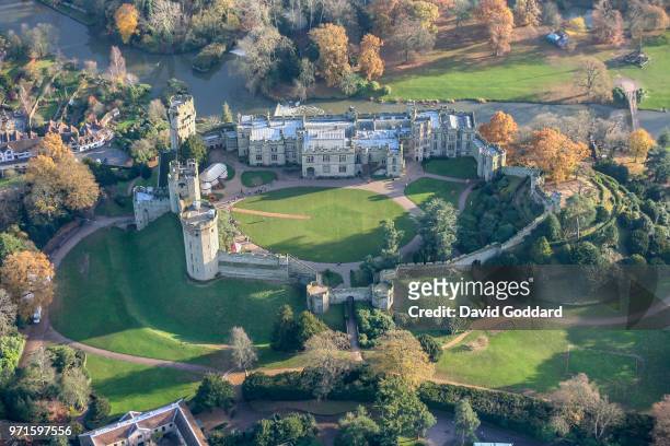Aerial Photograph of Warwick Castle, this mediaeval fortification is located10 miles south-west of Coventry, on the southern side of Warwick town,...