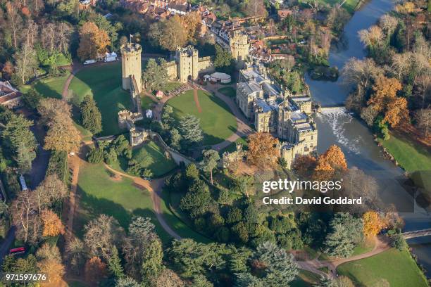 Aerial Photograph of Warwick Castle, this mediaeval fortification is located10 miles south-west of Coventry, on the southern side of Warwick town,...