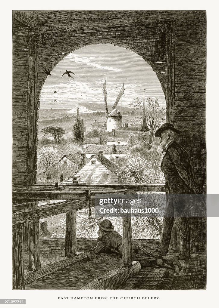 East Hampton from the Church Belfry, Long Island, New York, United States, American Victorian Engraving, 1872