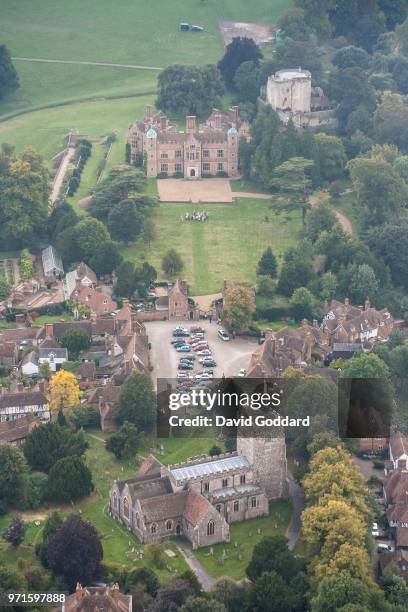 Aerial Photograph of the Jacobean-Chilham Castle, located in the shadow of the North Downs in the village of Chilham, 6 miles south west. Of...