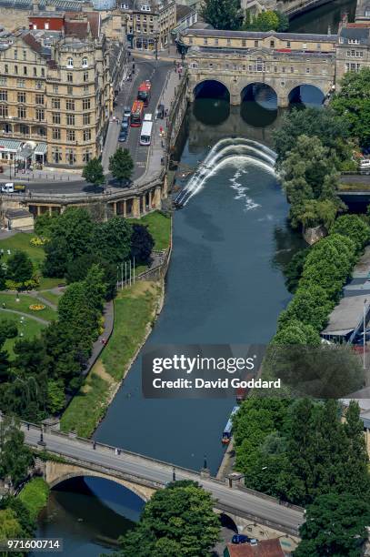 Bath, England. Aerial photograph of Pulteney Bridge and North Parade Bridge crossing the Avon River on the south eastern side of Bath city centre....