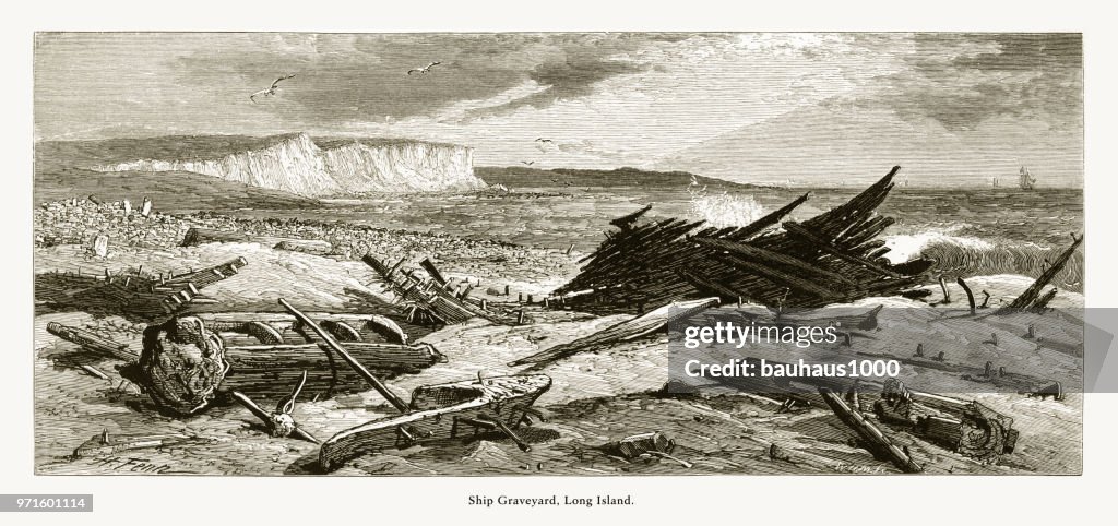 Ship Graveyard, East Hampton, Long Island, New York, United States, American Victorian Engraving, 1872