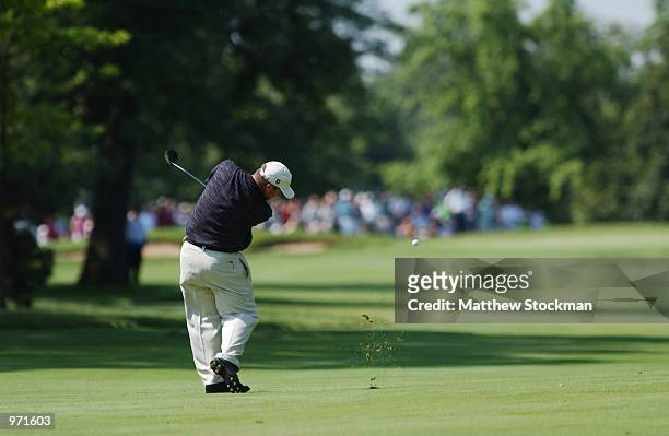 Joel Edwards hits out of the ninth fairway during the second round of the Advil Western Open on July 5, 2002 at Cog Hill Golf and Country Club in...