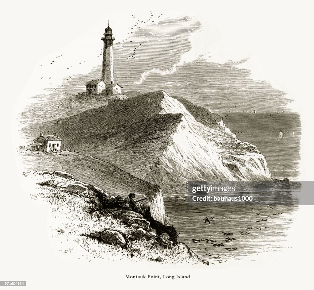 Montauk Point, East Hampton, Long Island, New York, United States, American Victorian Engraving, 1872